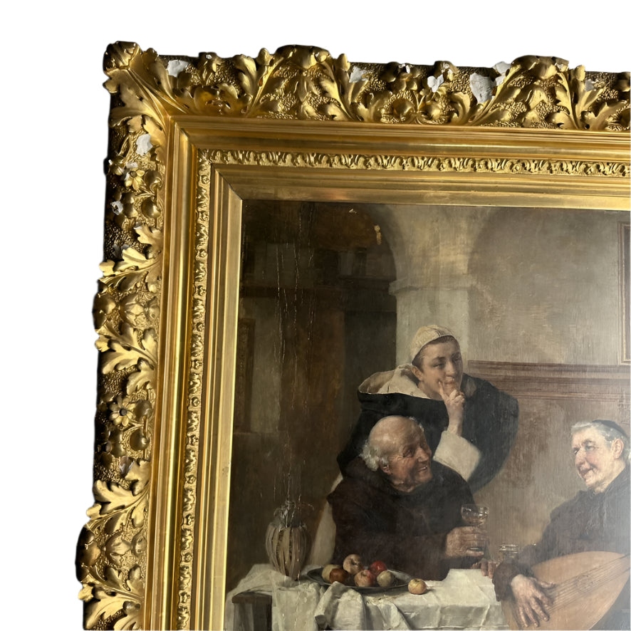 Late 1800s Monk Oil Painting Attributed to Heinrich Weber (1843-1913) in Ornate Gilded Frame