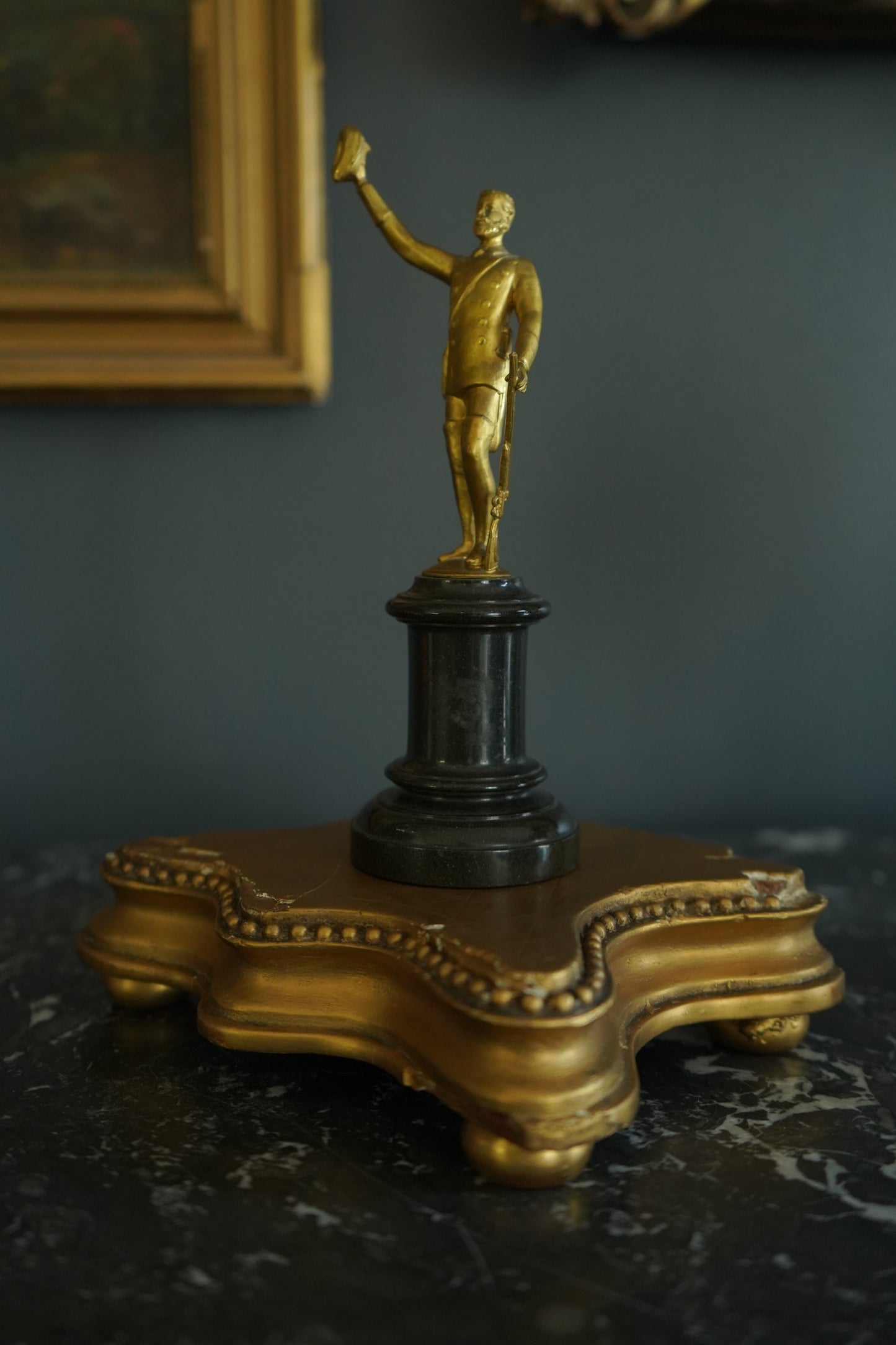 Small Antique Gilt Bronze ‘Gentleman Officer’ Figurine on a Black Marble Base