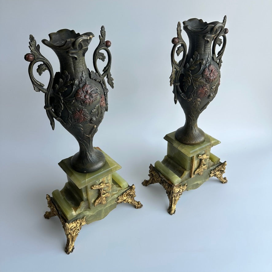 ^ Pair of Antique French Neoclassical Spelter and Onyx Urns with Gilt Brass Accents