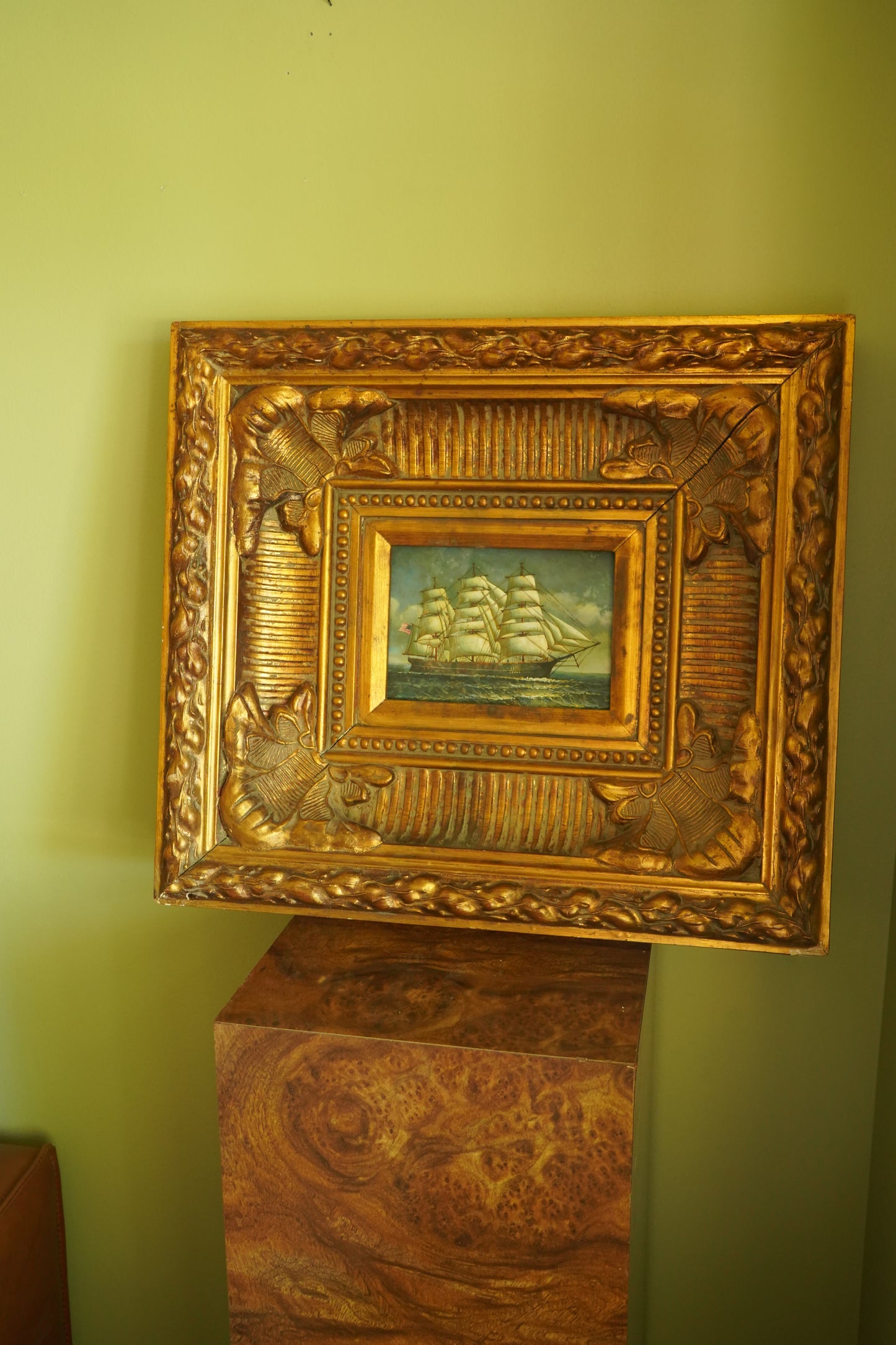 Mid-Century Hand-Painted Maritime Oil on Board in Ornate Carved Frame | American Clipper Ship Scene