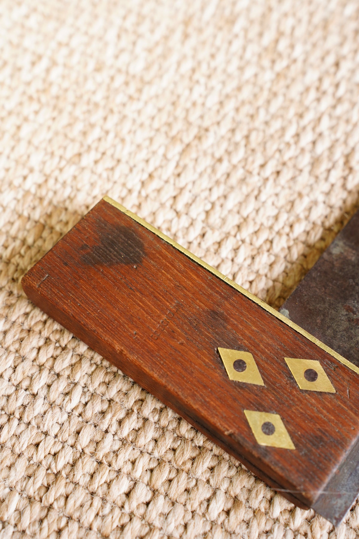 Antique Wood and Brass Try Square with Diamond Inlays
