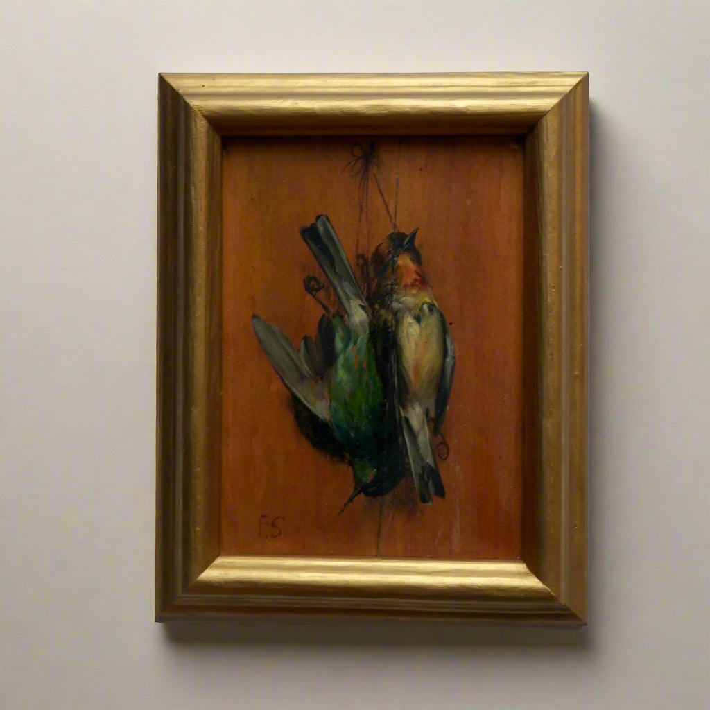 Pair of French “Art Mort” Oil Studies – 1920s Trompe-l’Œil Bird Paintings on Wood Panel, Signed F.S.