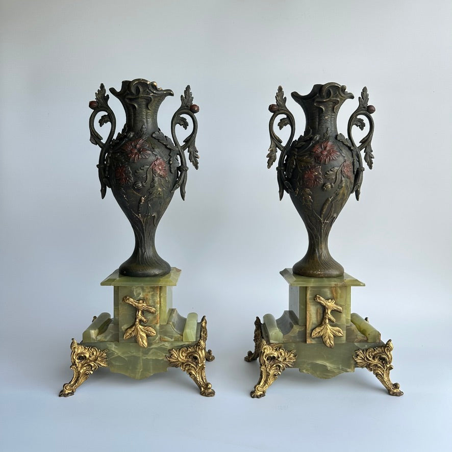 ^ Pair of Antique French Neoclassical Spelter and Onyx Urns with Gilt Brass Accents