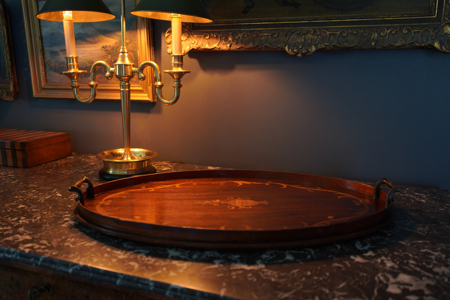 Edwardian Inlaid Mahogany Tray with Marquetry Urn Motif & Brass Handles, c.1900