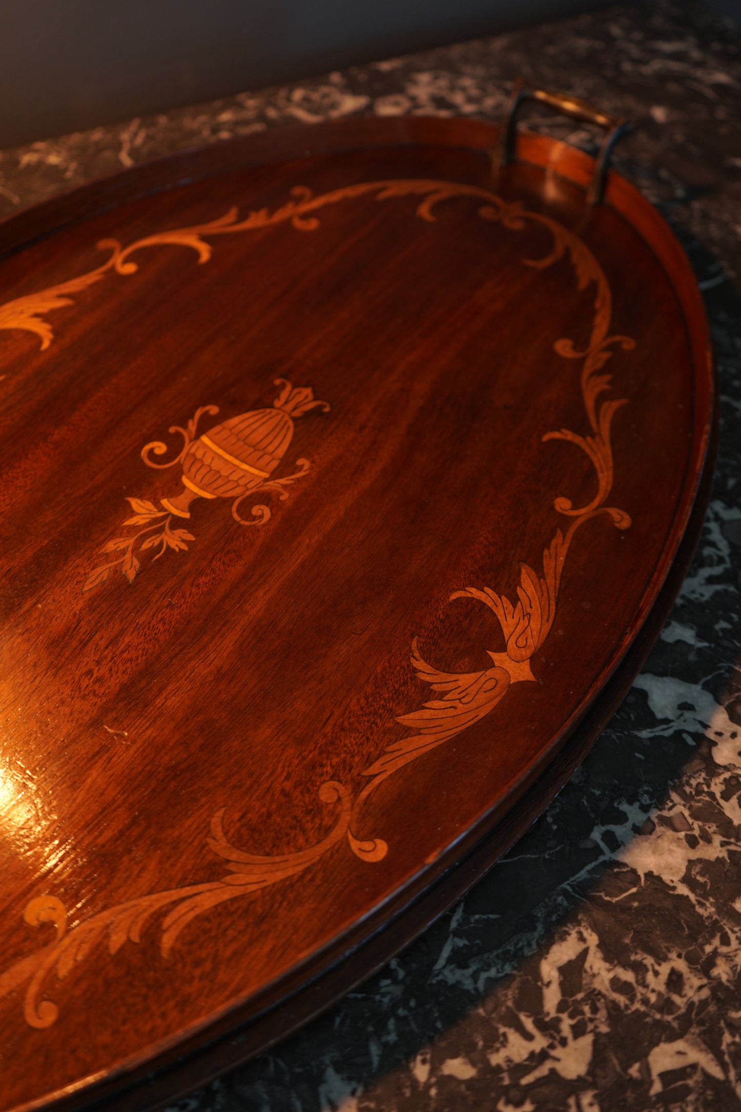 Edwardian Inlaid Mahogany Tray with Marquetry Urn Motif & Brass Handles, c.1900