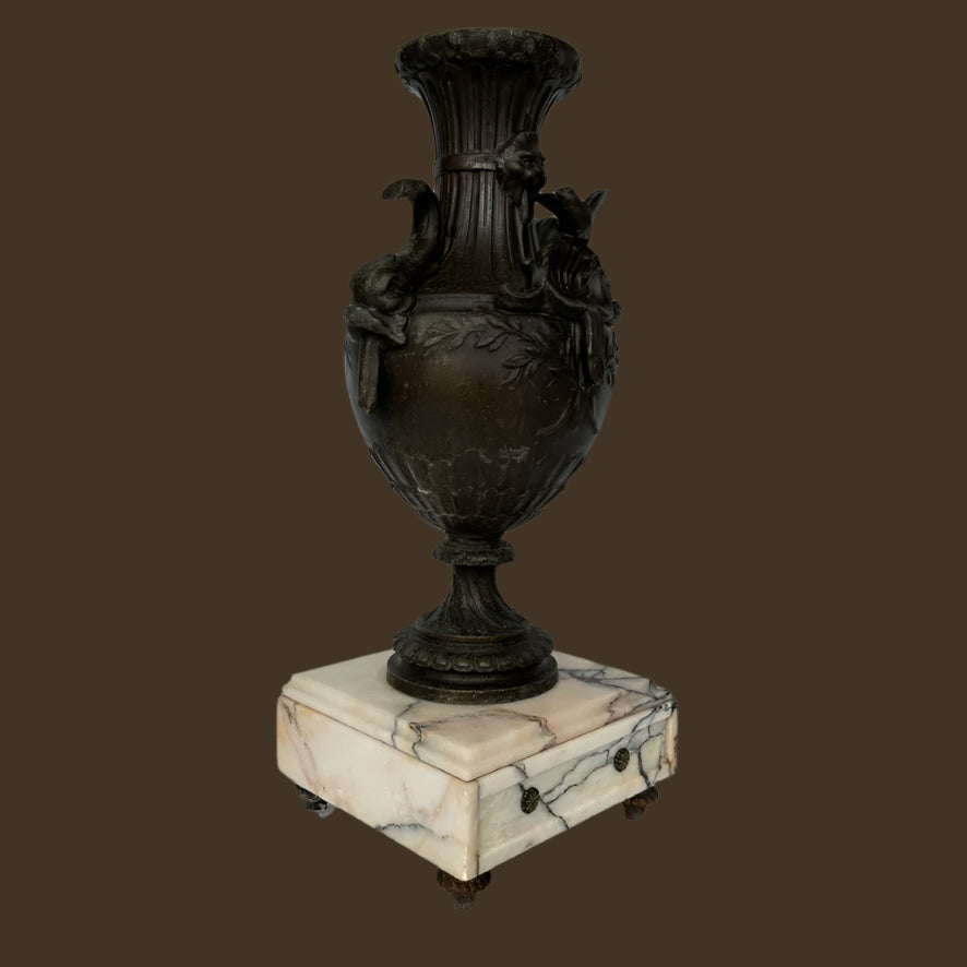 ^ Pair of 19th Century French Napoleon III Style Spelter & Marble Urns