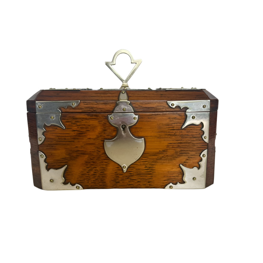 Antique English Oak & Silver-Plated Double Compartment Tea Caddy