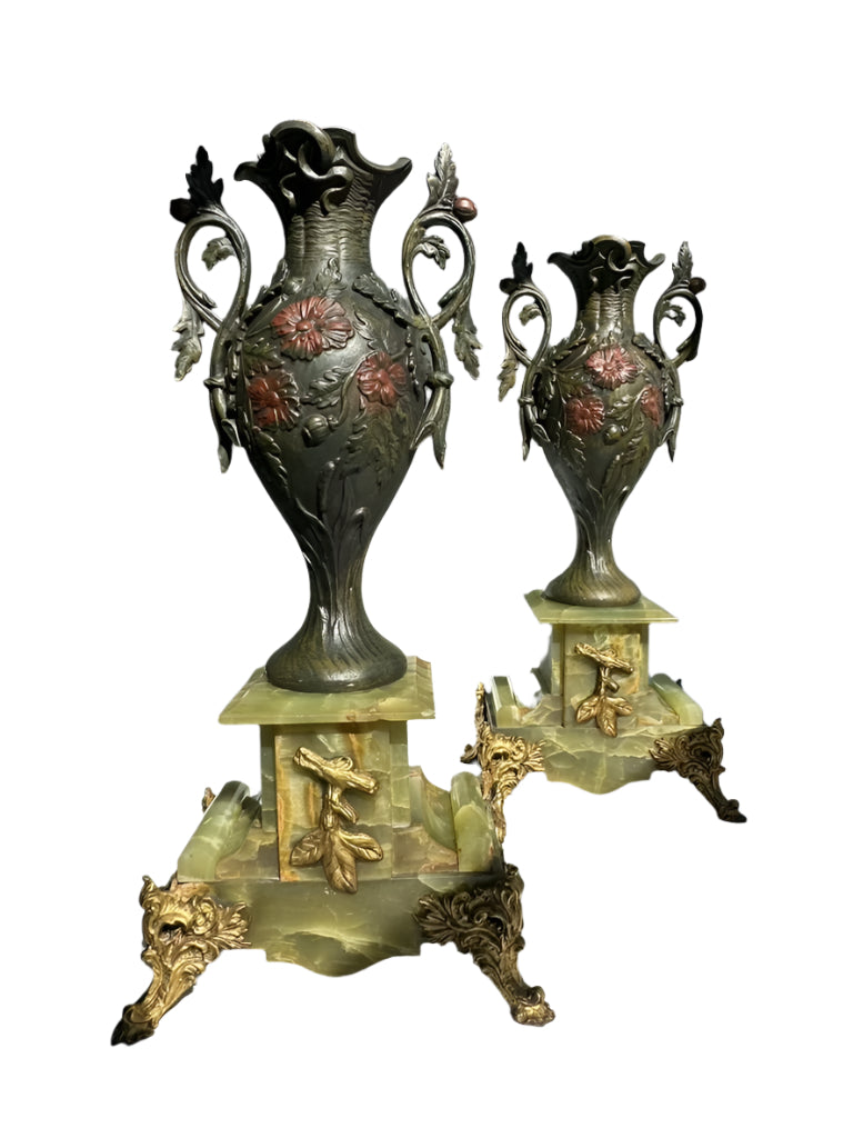 ^ Pair of Antique French Neoclassical Spelter and Onyx Urns with Gilt Brass Accents