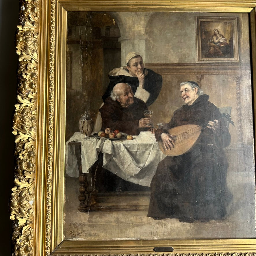Late 1800s Monk Oil Painting Attributed to Heinrich Weber (1843-1913) in Ornate Gilded Frame