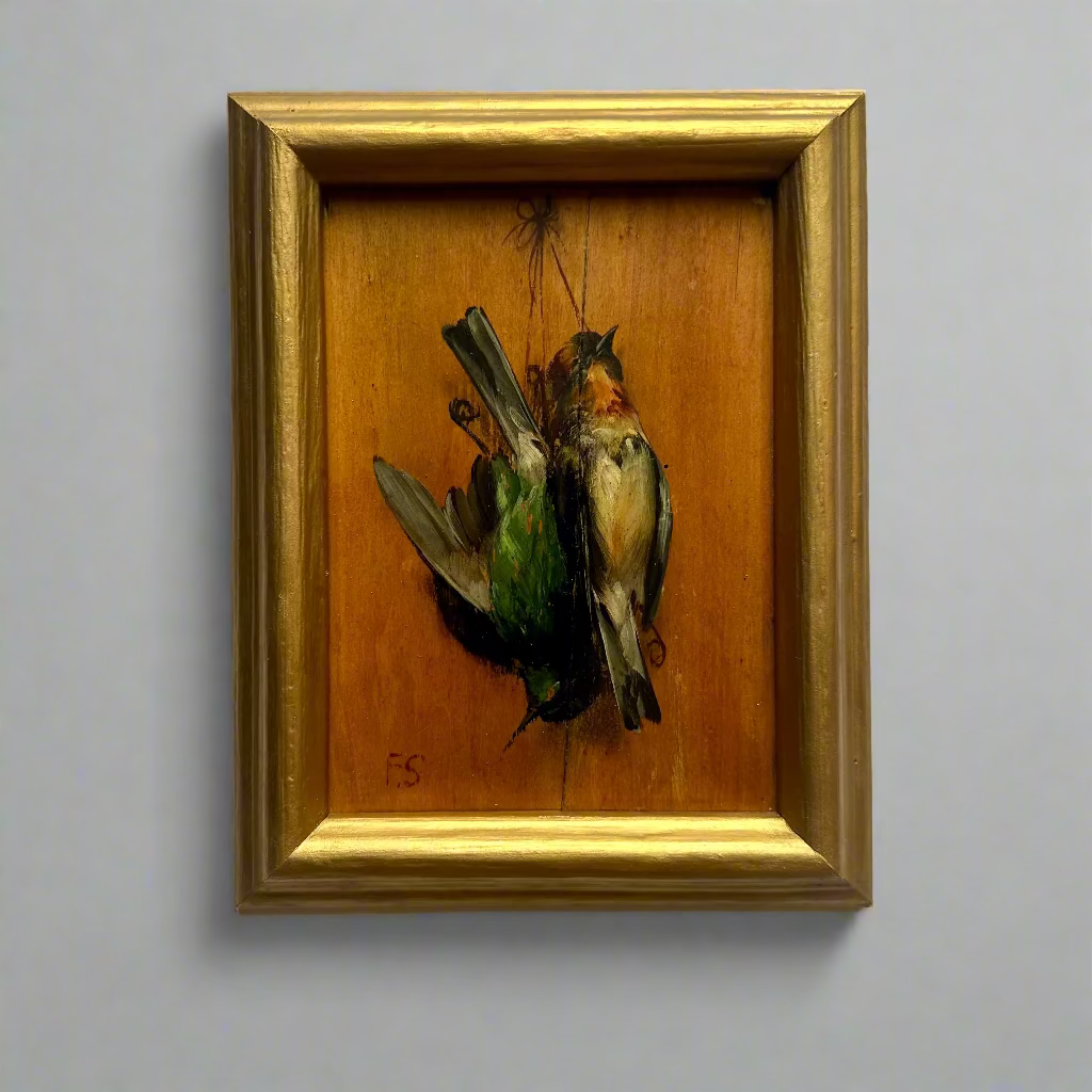 Pair of French “Art Mort” Oil Studies – 1920s Trompe-l’Œil Bird Paintings on Wood Panel, Signed F.S.