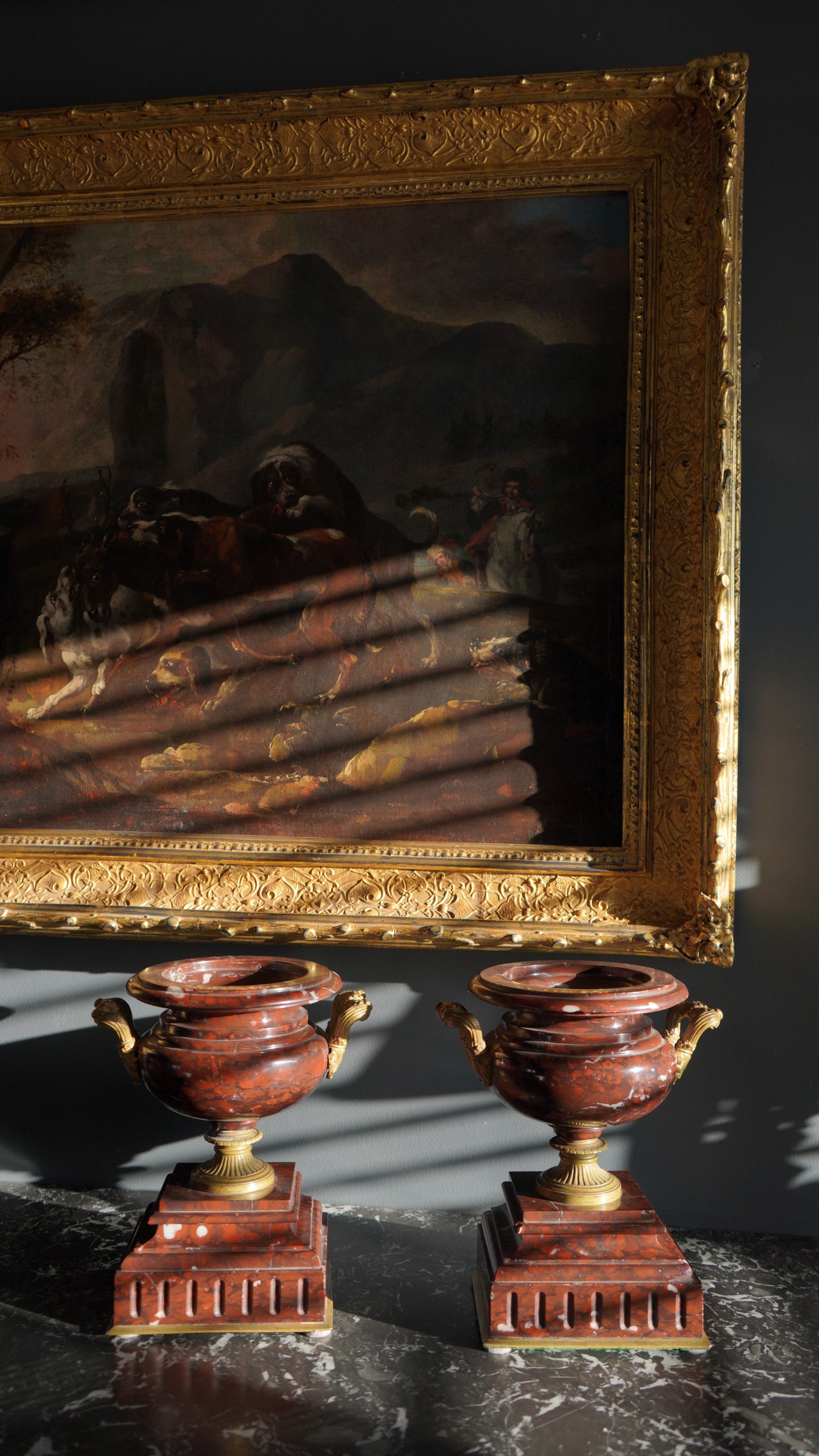 Pair of Napoleon III Rouge Royal Marble Urns, Circa 1852-1870