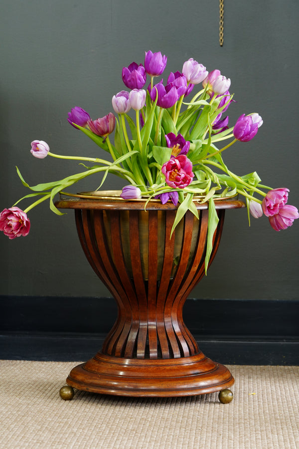 Antique Edwardian Mahogany Slatted Jardinière with Brass Liner, Circa 1900