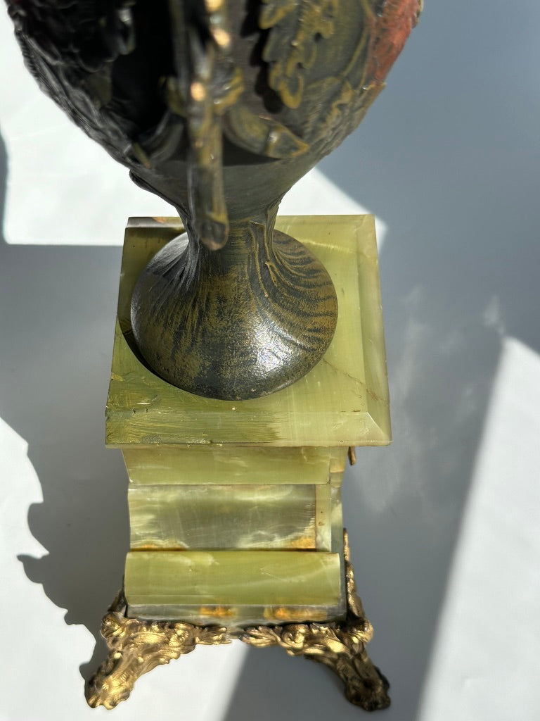 ^ Pair of Antique French Neoclassical Spelter and Onyx Urns with Gilt Brass Accents
