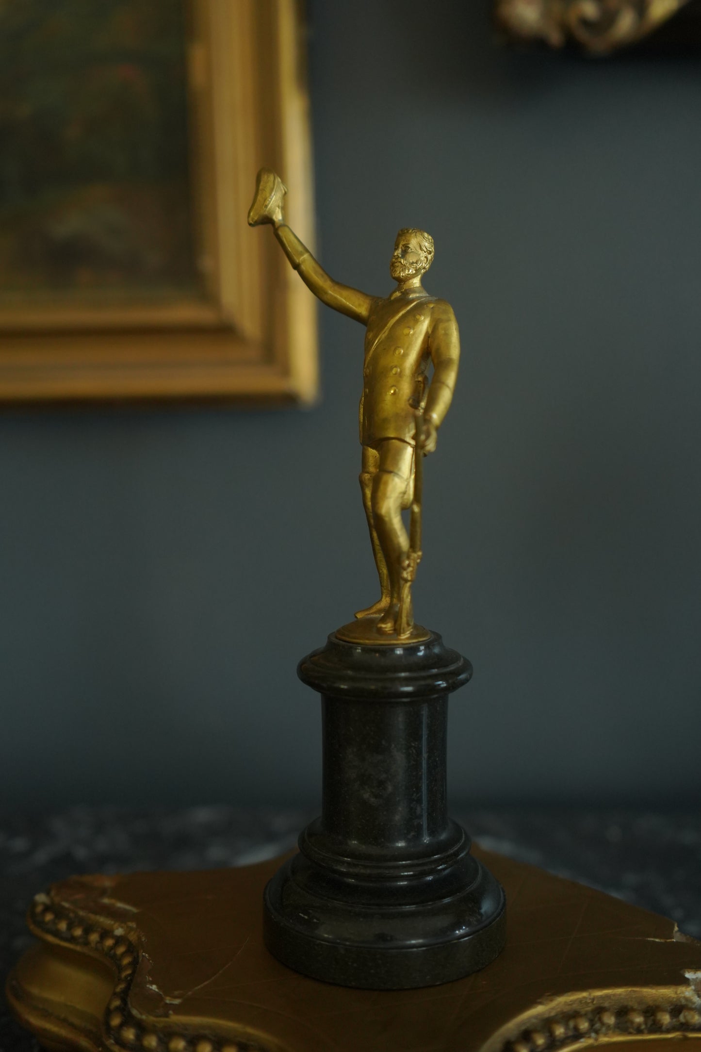 Small Antique Gilt Bronze ‘Gentleman Officer’ Figurine on a Black Marble Base