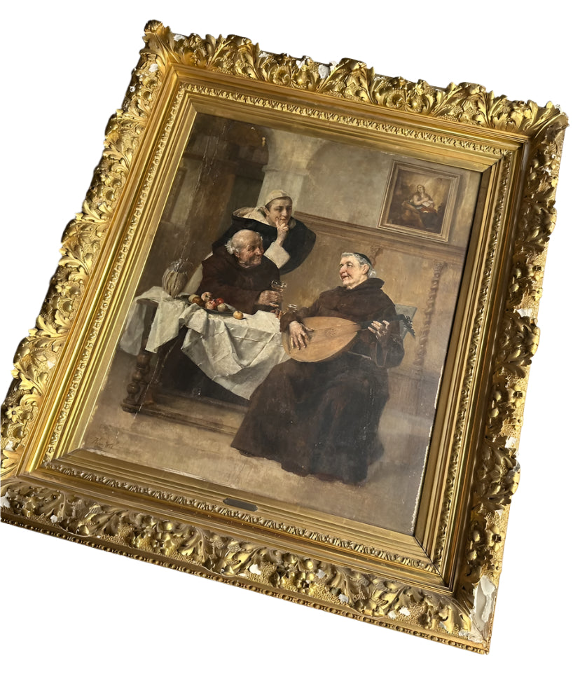 Late 1800s Monk Oil Painting Attributed to Heinrich Weber (1843-1913) in Ornate Gilded Frame