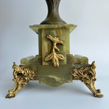 ^ Pair of Antique French Neoclassical Spelter and Onyx Urns with Gilt Brass Accents