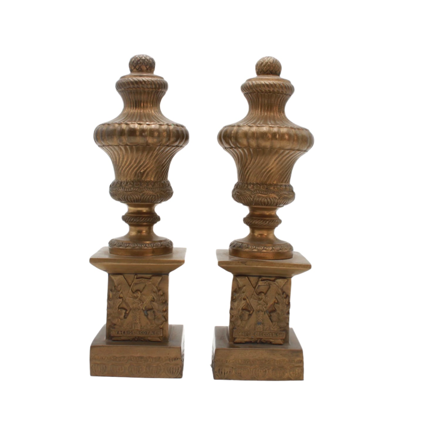Pair of Antique Brass "Tyneside Scottish" Regimental Urn Bookends – Circa Early 20th Century
