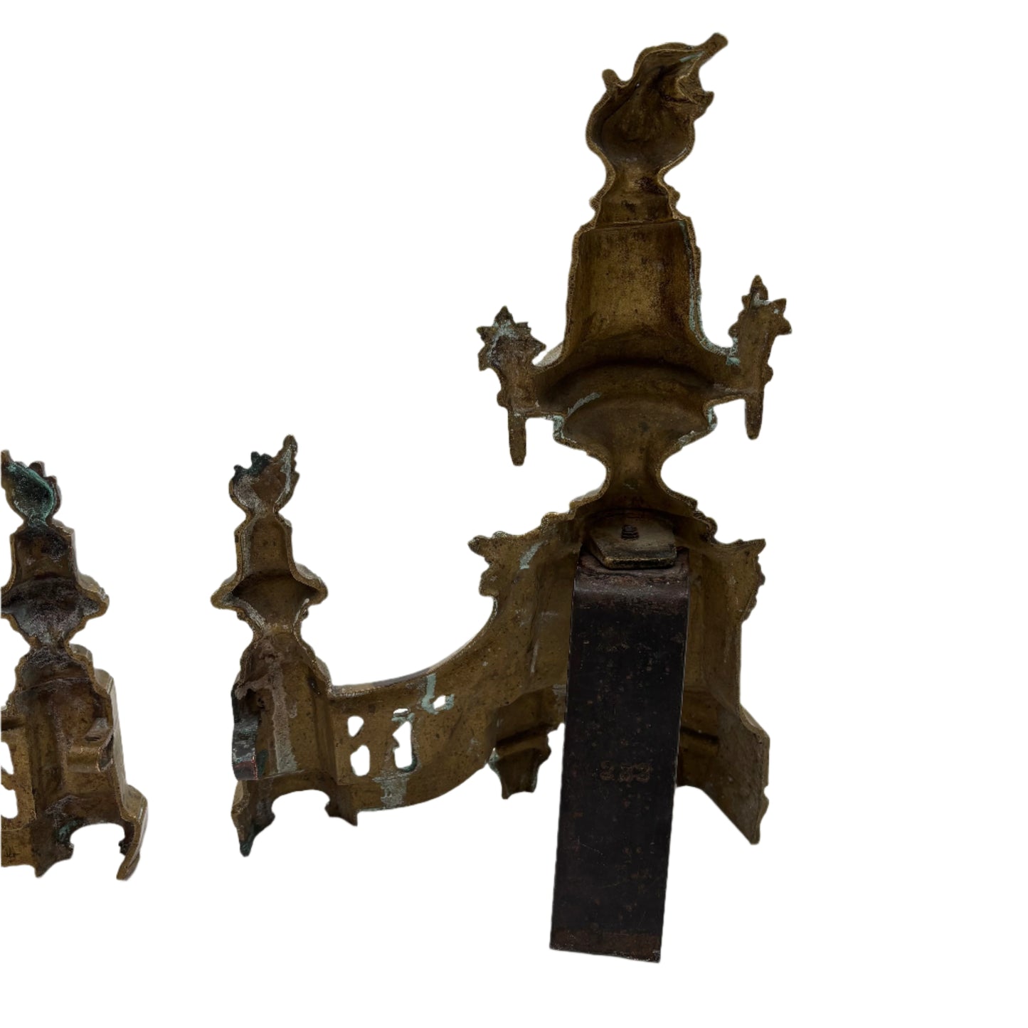 Antique Neoclassical Louis XVI-Style Brass Andirons with Urn and Flame Finials, Pair of Antique Brass Fireplace Fire Dogs