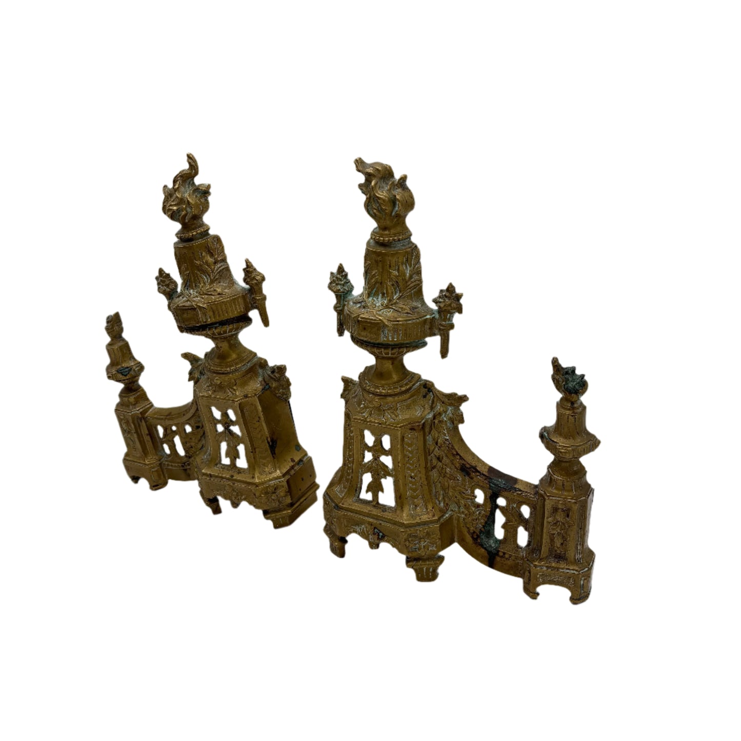 Antique Neoclassical Louis XVI-Style Brass Andirons with Urn and Flame Finials, Pair of Antique Brass Fireplace Fire Dogs