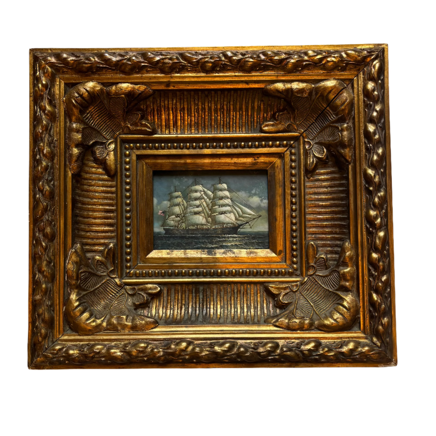 Mid-Century Hand-Painted Maritime Oil on Board in Ornate Carved Frame | American Clipper Ship Scene