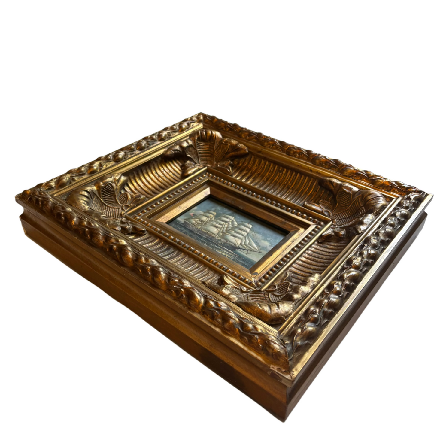 Mid-Century Hand-Painted Maritime Oil on Board in Ornate Carved Frame | American Clipper Ship Scene