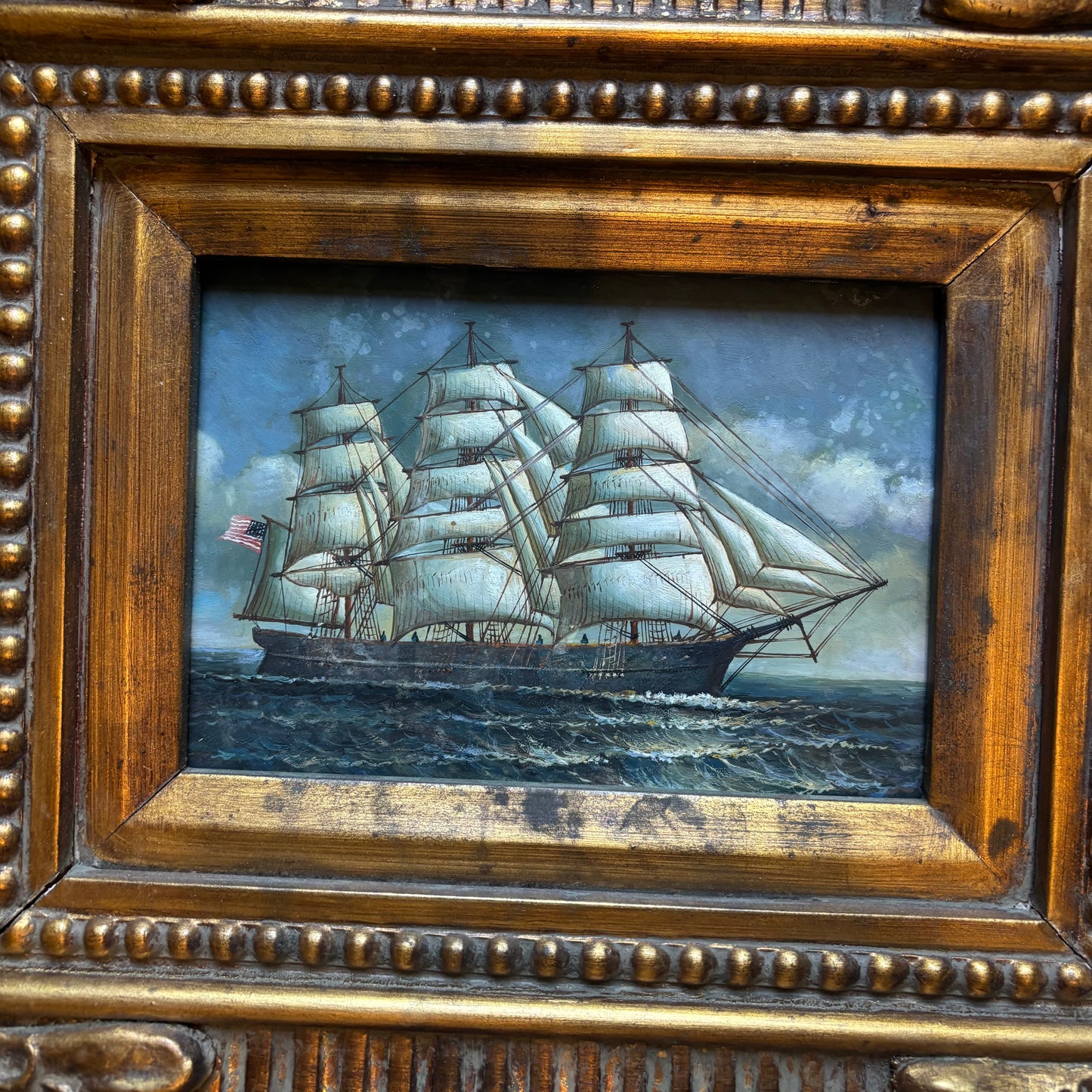 Mid-Century Hand-Painted Maritime Oil on Board in Ornate Carved Frame | American Clipper Ship Scene