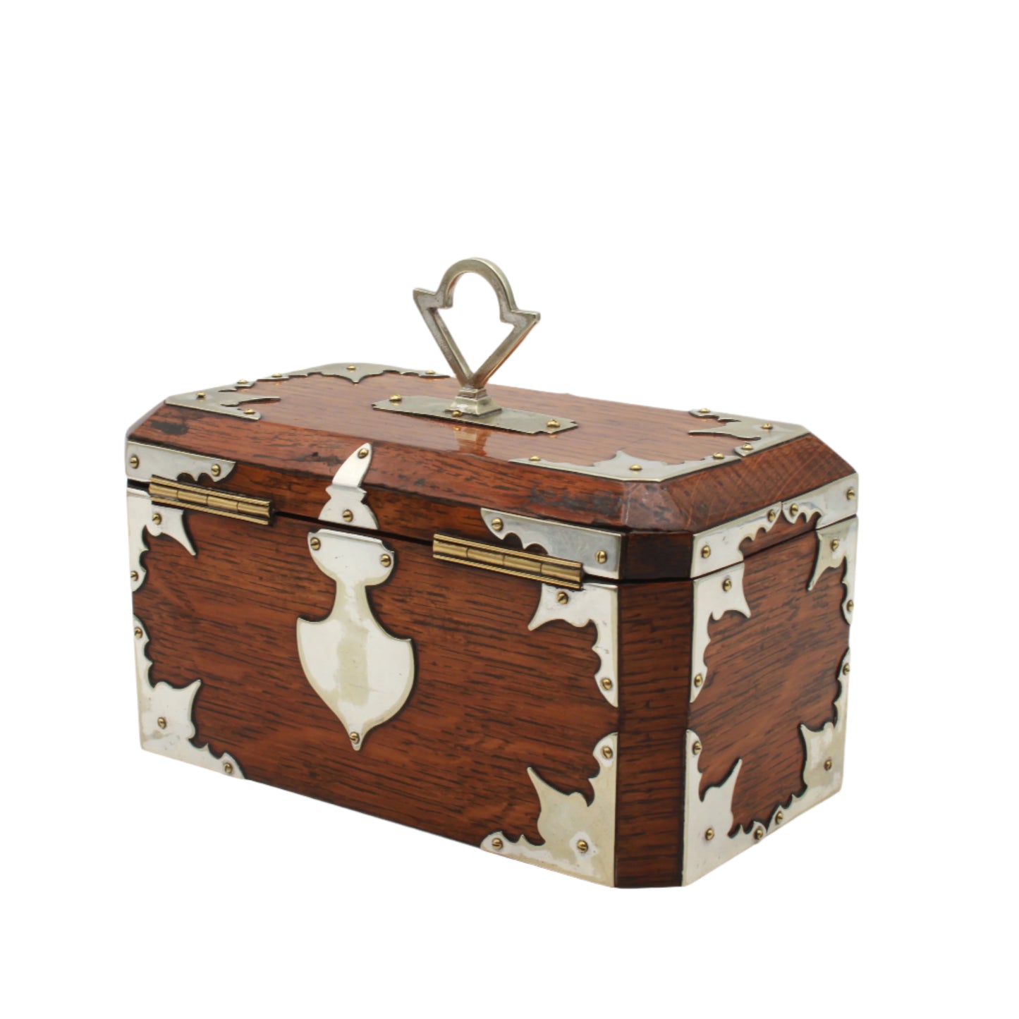 Antique English Oak & Silver-Plated Double Compartment Tea Caddy