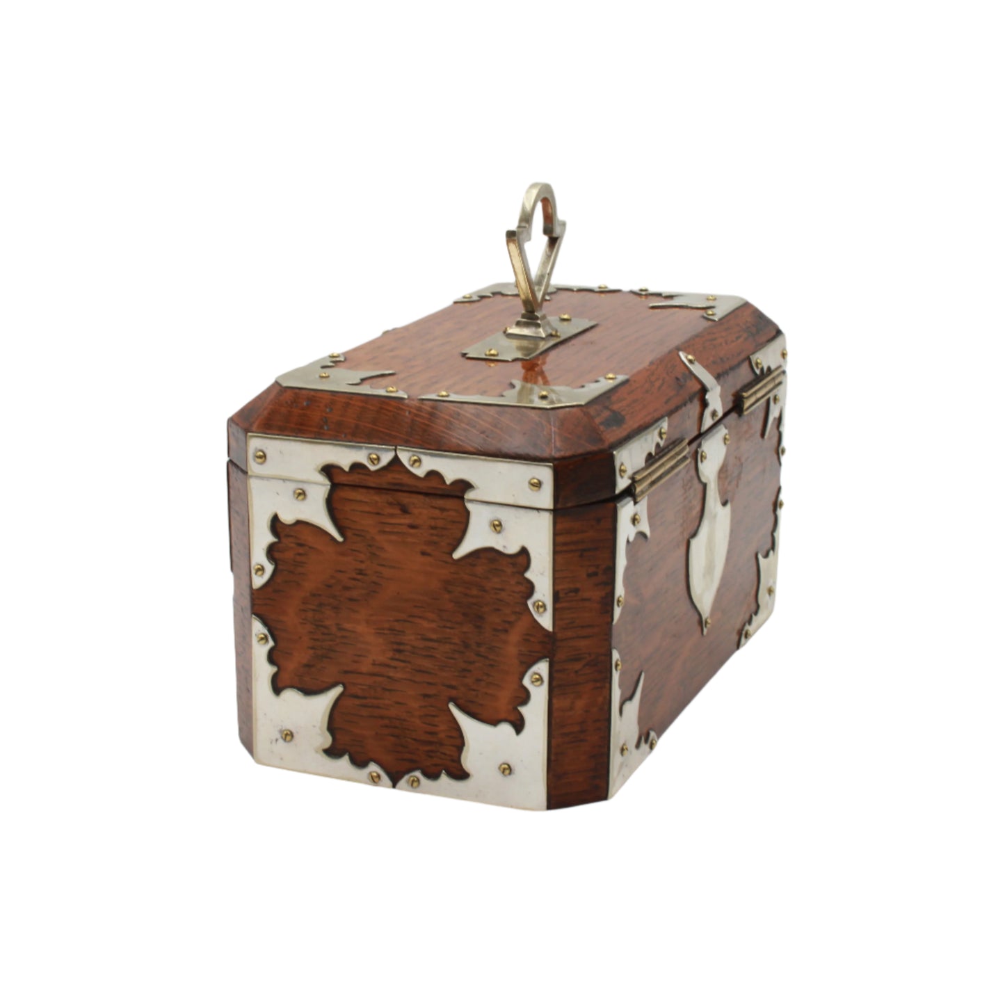 Antique English Oak & Silver-Plated Double Compartment Tea Caddy