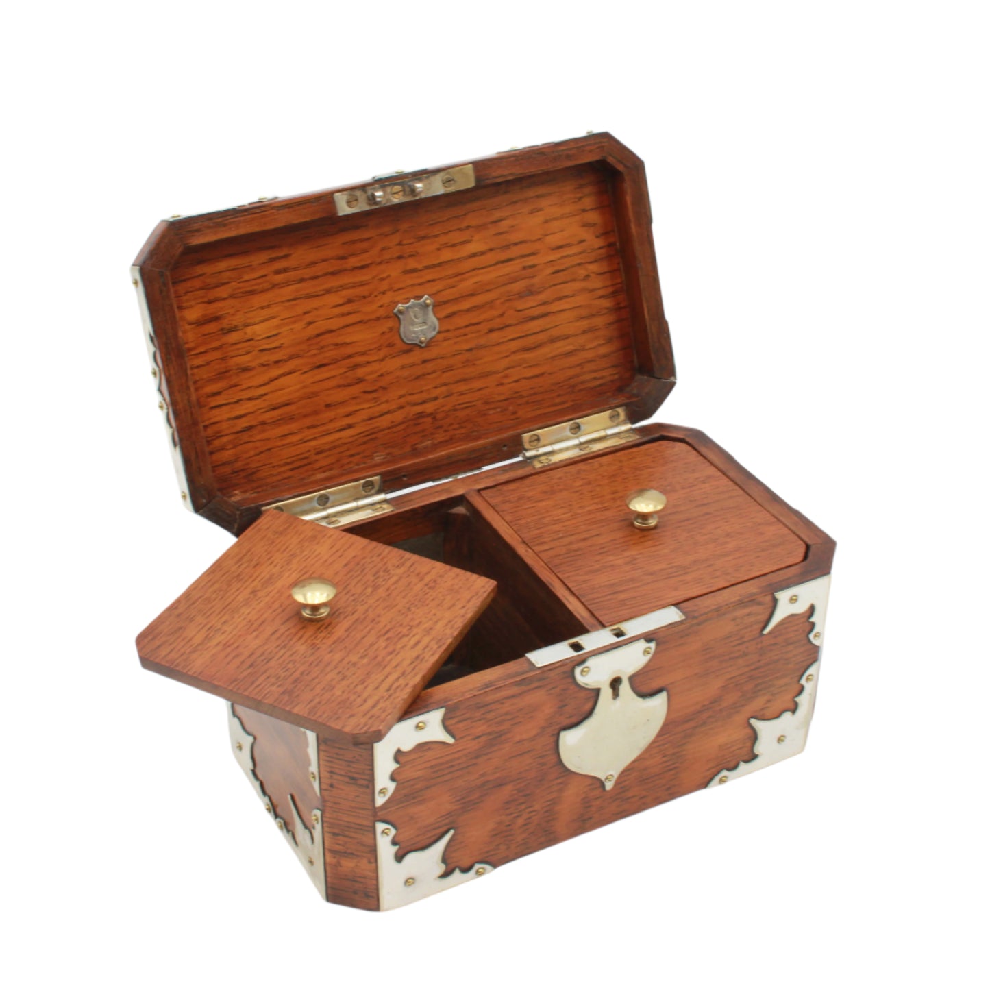 Antique English Oak & Silver-Plated Double Compartment Tea Caddy