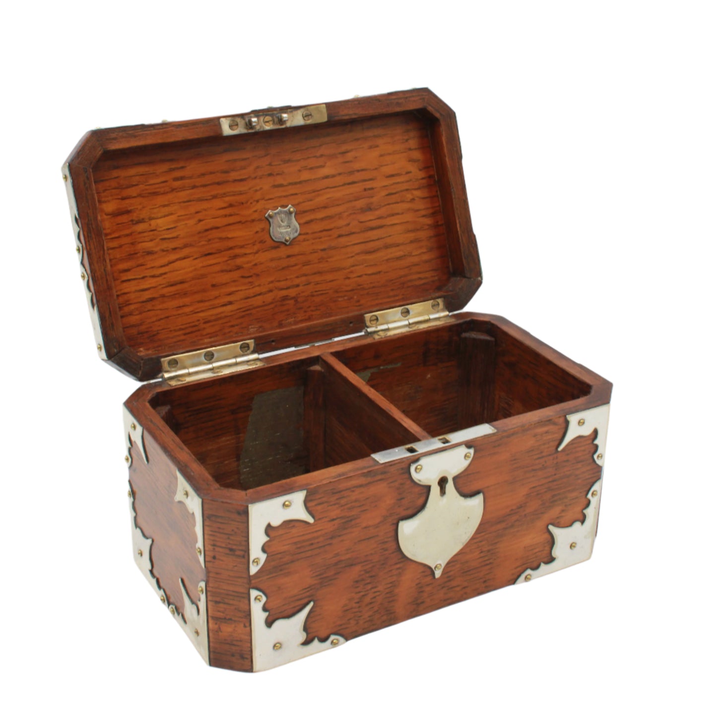 Antique English Oak & Silver-Plated Double Compartment Tea Caddy