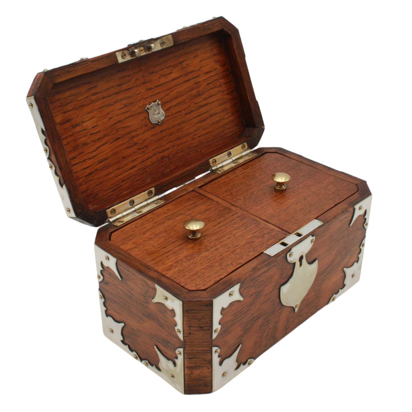 Antique English Oak & Silver-Plated Double Compartment Tea Caddy