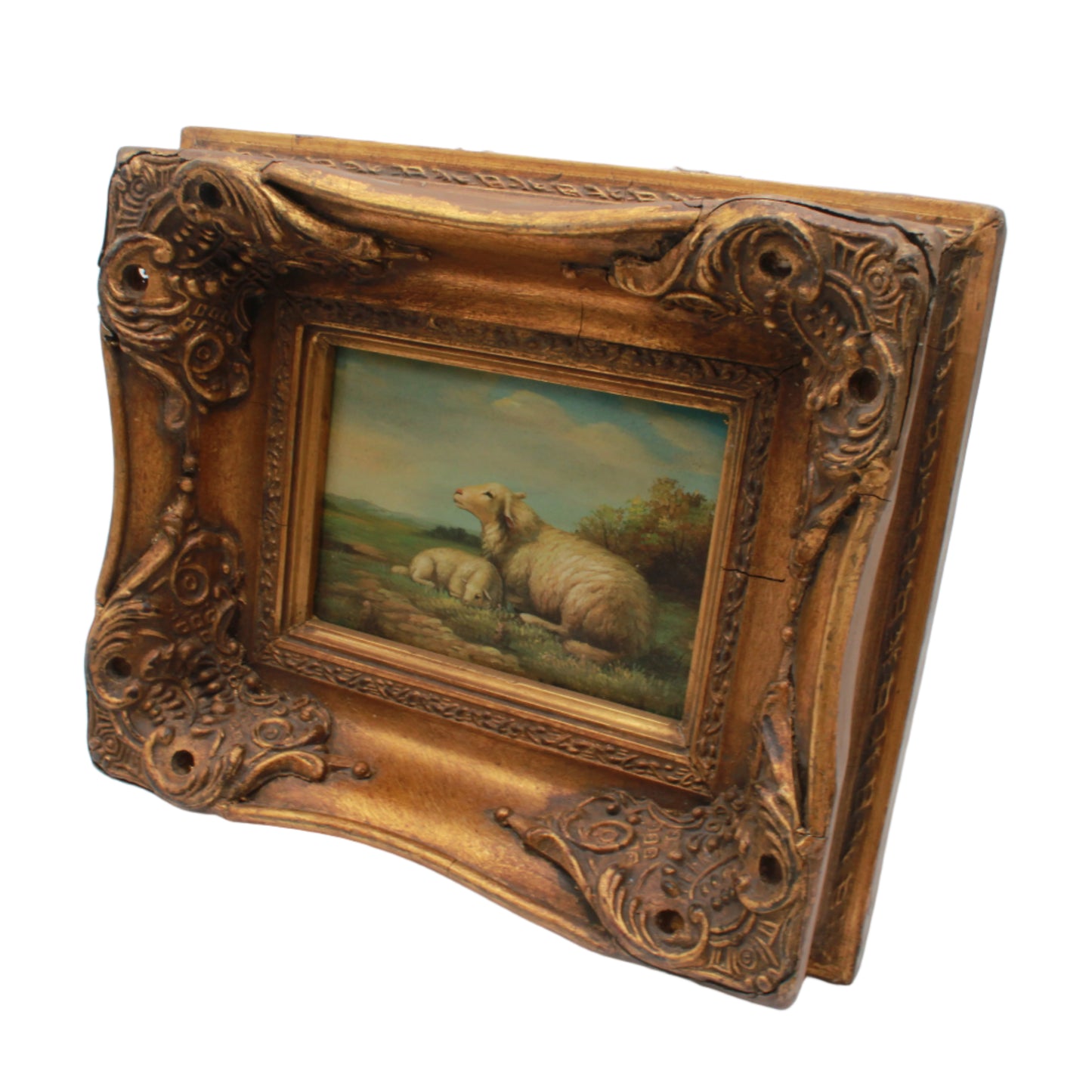 Framed Pastoral Sheep Painting, Vintage Decorative Oil on Board