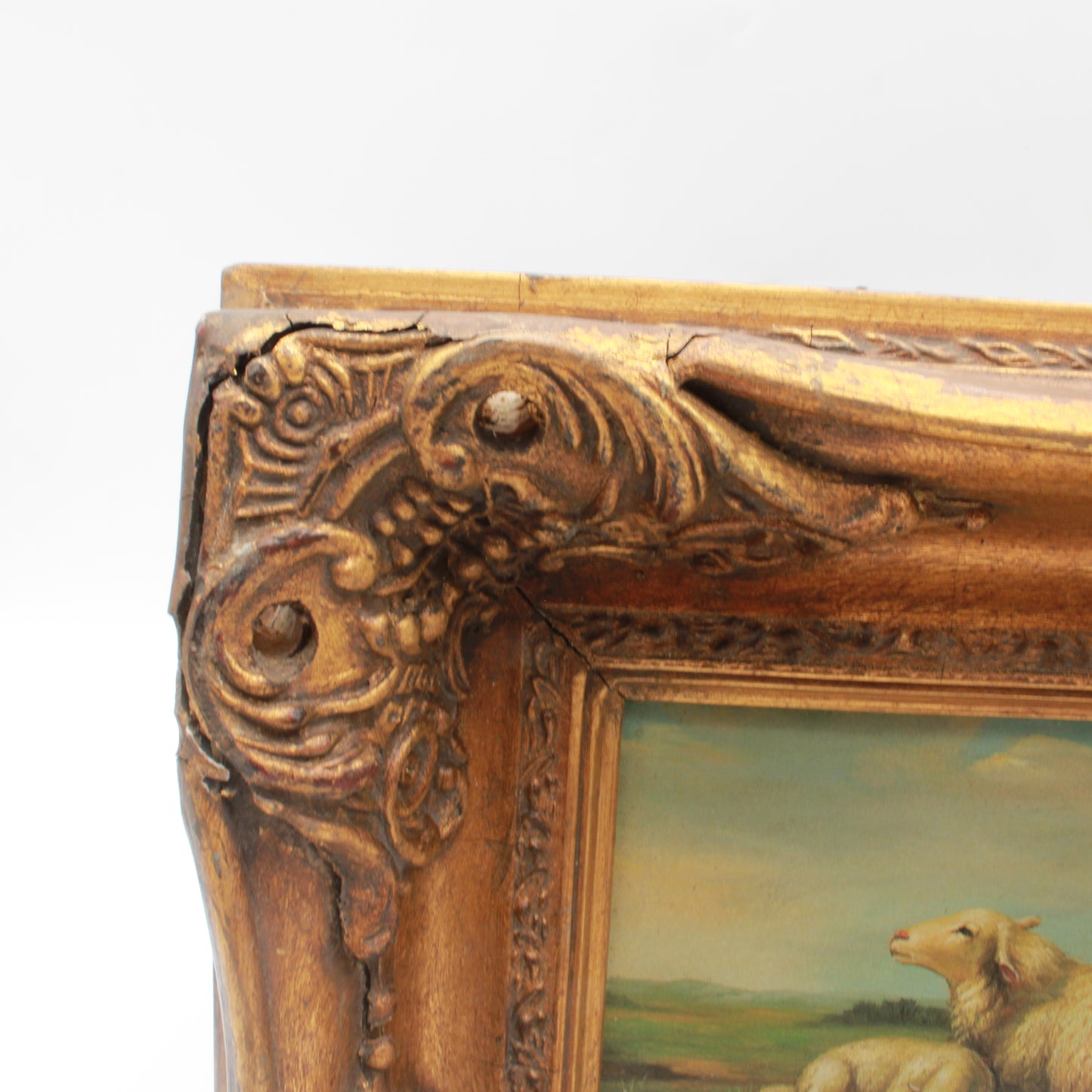Framed Pastoral Sheep Painting, Vintage Decorative Oil on Board