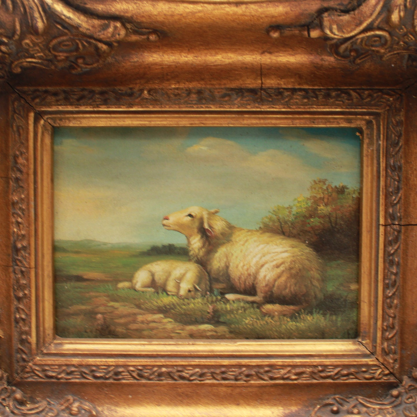 Framed Pastoral Sheep Painting, Vintage Decorative Oil on Board