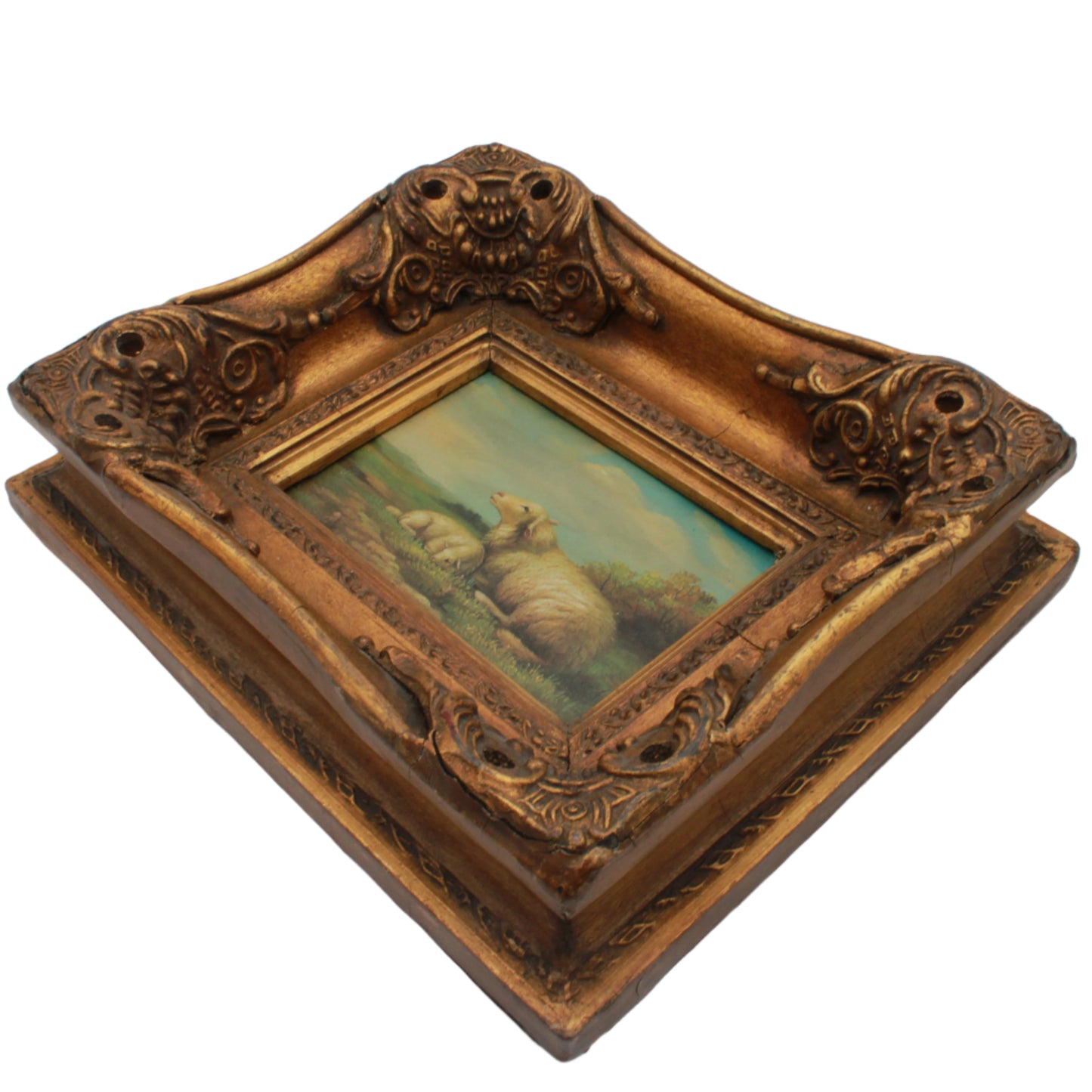 Framed Pastoral Sheep Painting, Vintage Decorative Oil on Board