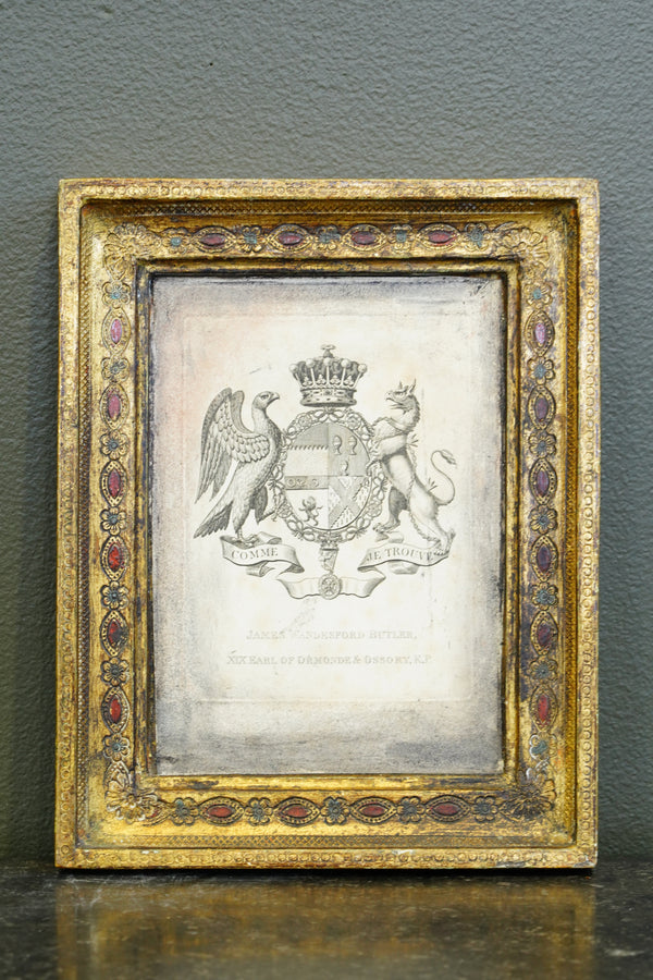 Antique Engraving, Earl of Ormonde Armorial Bookplate, Florentine Frame, Ca. 1850s