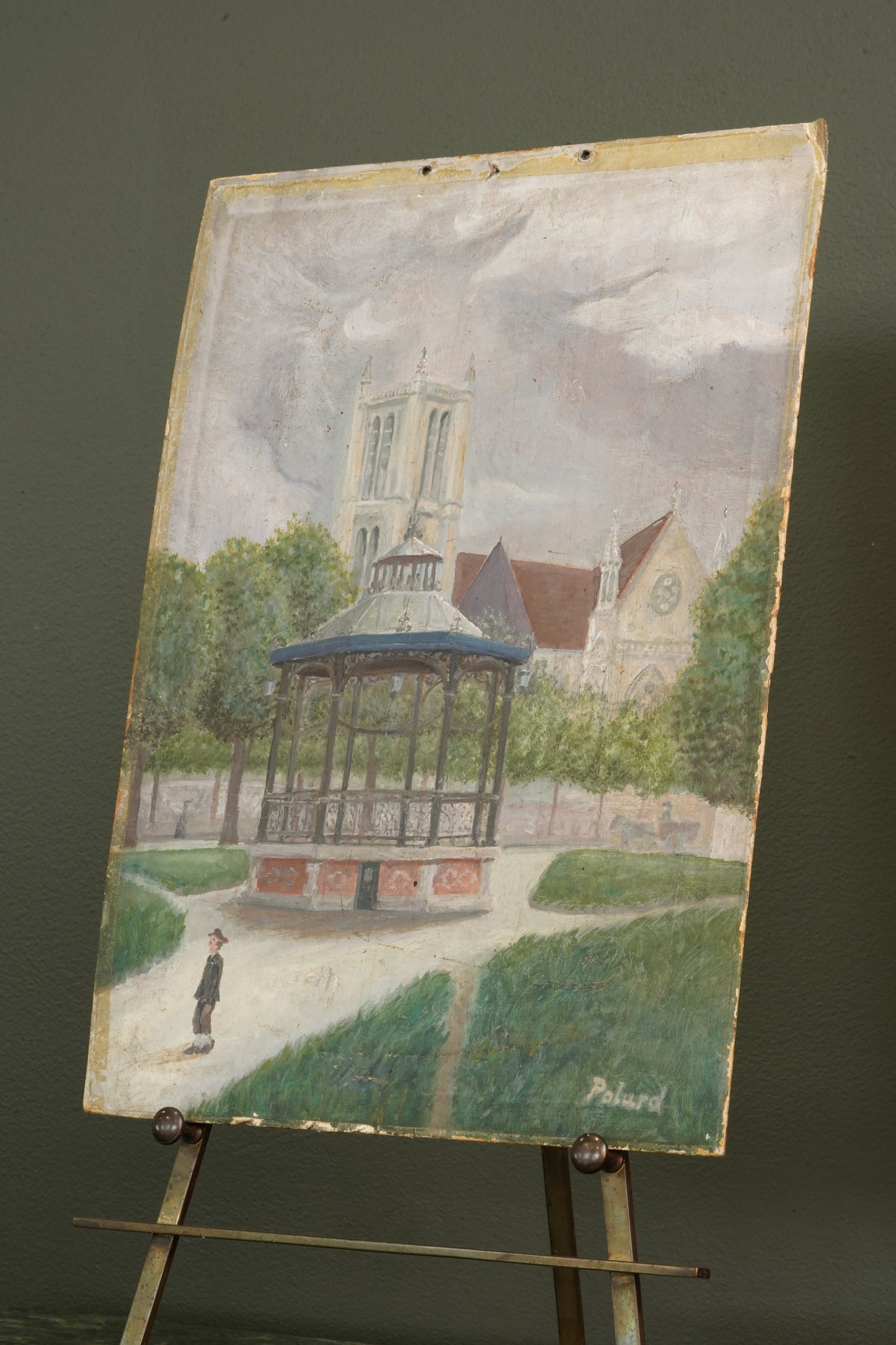 French Naïve Oil Painting Town Square with Bandstand, Signed Polard