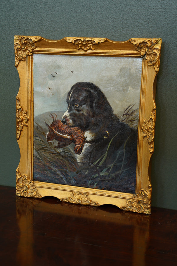 Antique Signed Hunting Dog Oil Painting