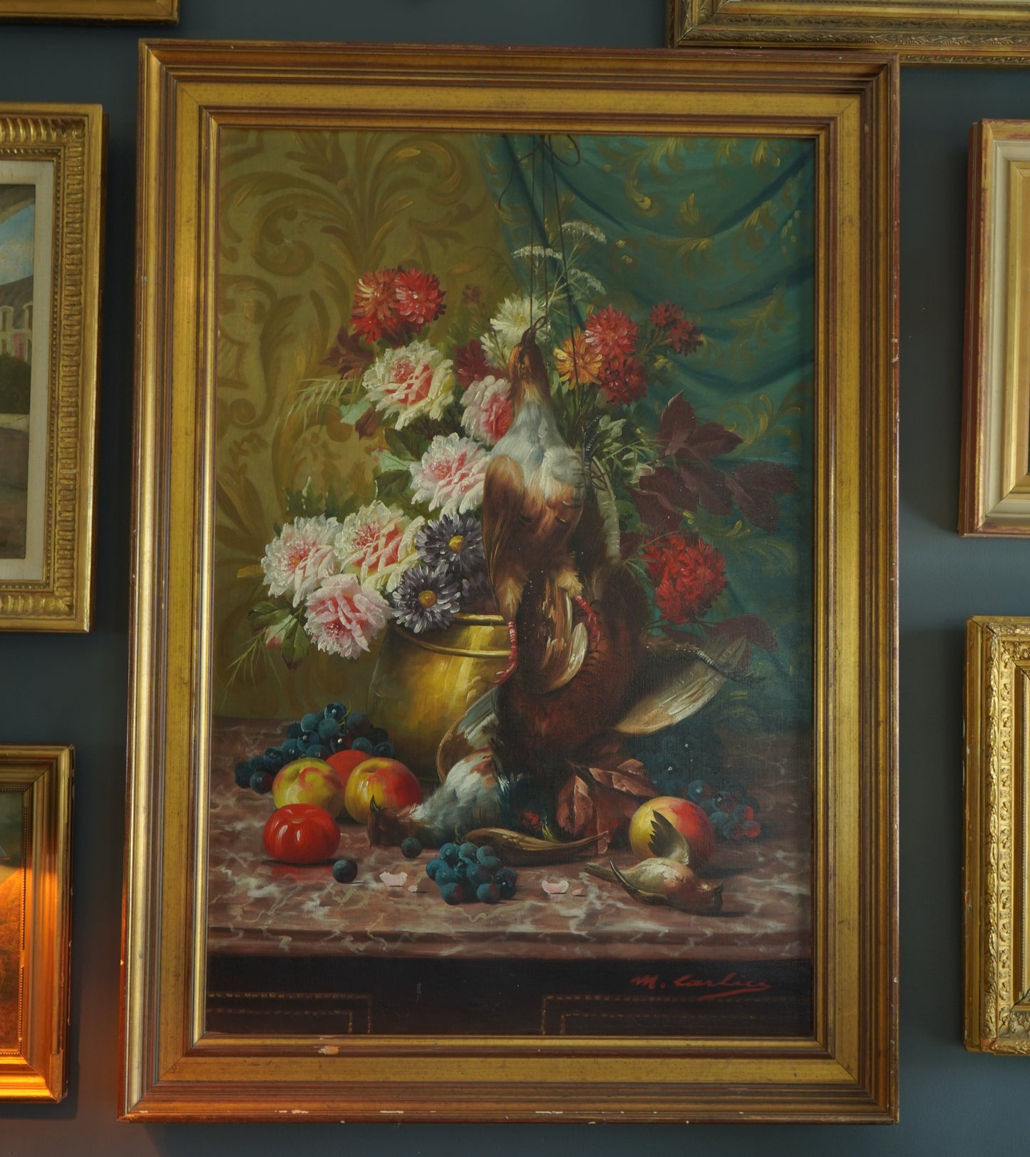 Signed Still-Life with Game Birds, Fruit, and Floral Urn Attributed to Max Albert Carlier (Belgian, 1872–1938)