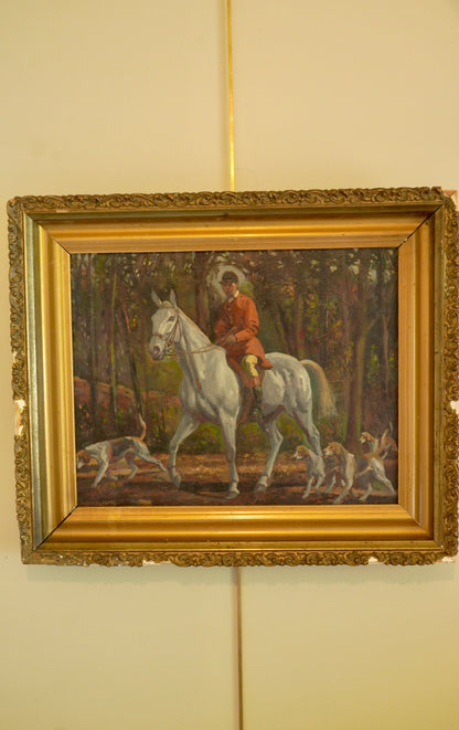 “Fox Hunt” Original British Sporting Art by Geoffrey Mortimer (1895–1986) – Mid 20th-Century British Equestrian Oil Painting in Antique Gilt Frame