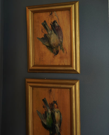 Pair of French “Art Mort” Oil Studies – 1920s Trompe-l’Œil Bird Paintings on Wood Panel, Signed F.S.