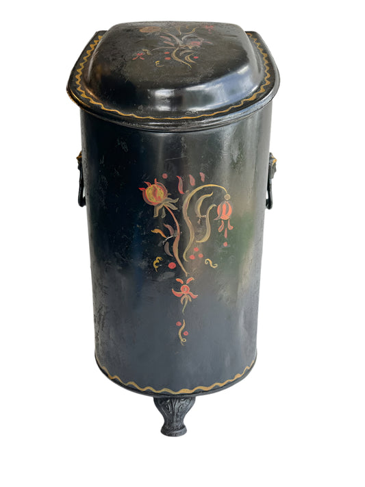 Antique European Hand‑Painted Tole Coal Scuttle | Victorian Fireplace Bucket, c.1880