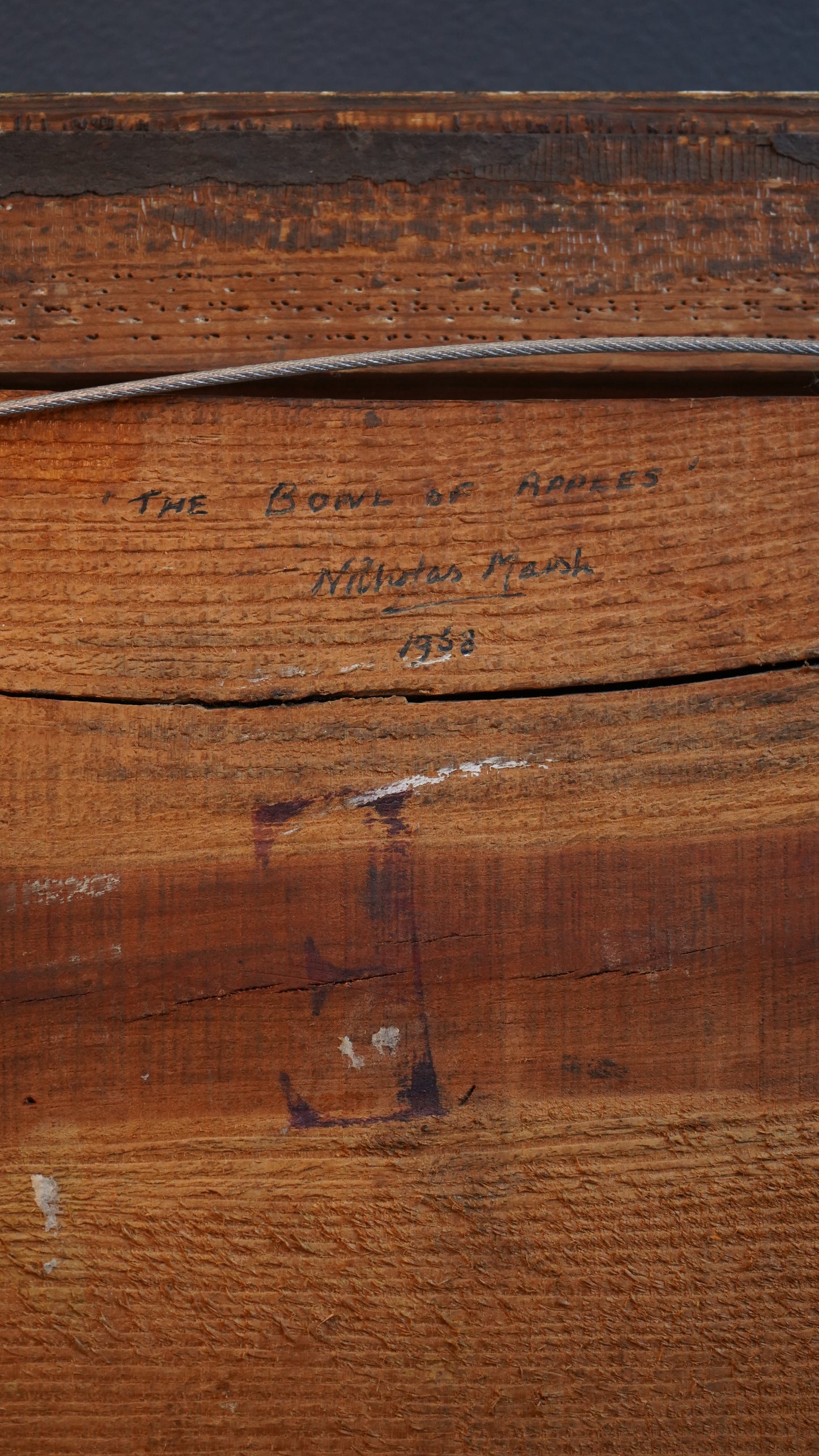 “The Bowl of Apples” by Nicholas Marsh, dated 1958 | English Still Life Oil on Panel in Antique Gilt Frame