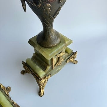 ^ Pair of Antique French Neoclassical Spelter and Onyx Urns with Gilt Brass Accents