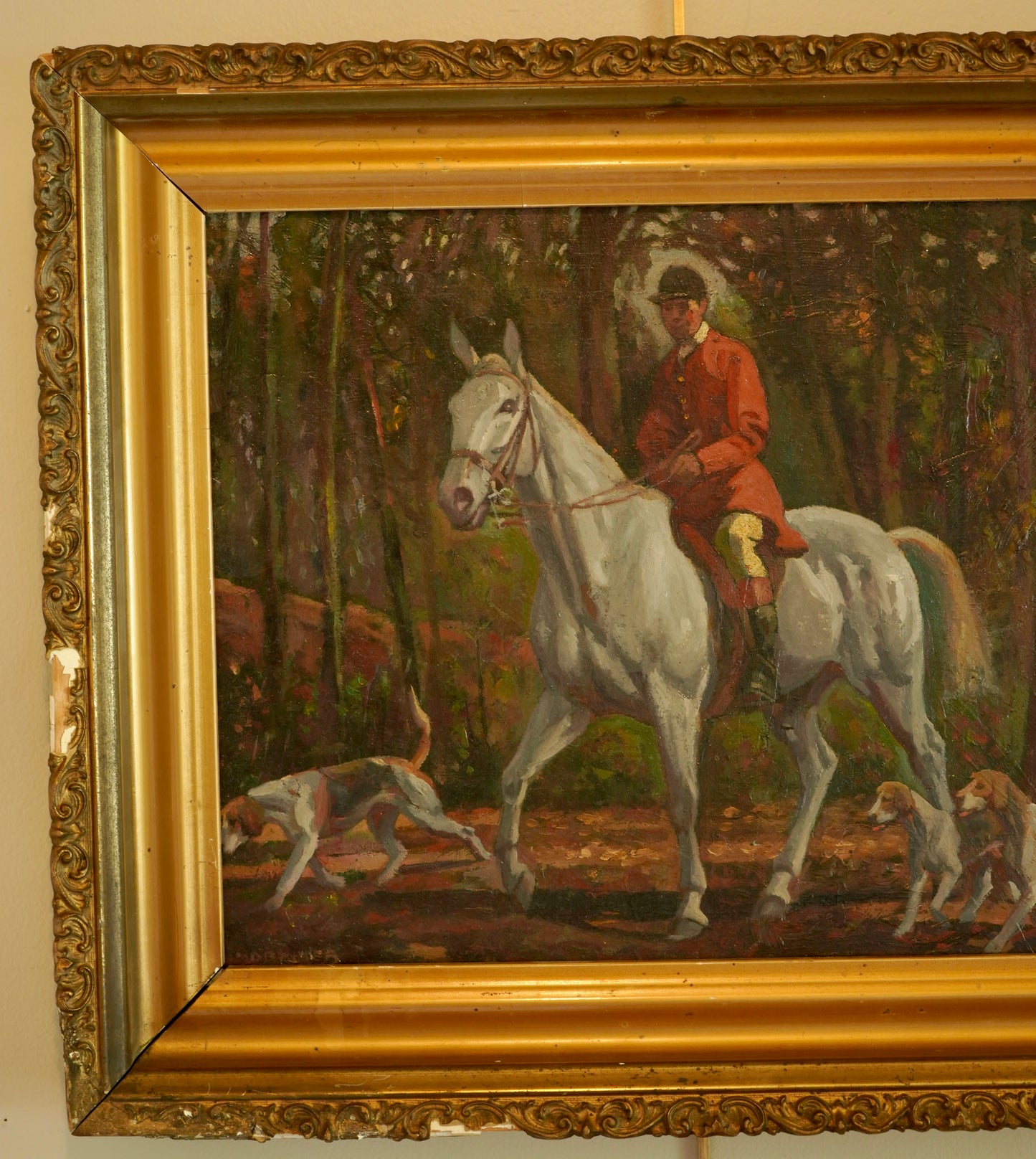 “Fox Hunt” Original British Sporting Art by Geoffrey Mortimer (1895–1986) – Mid 20th-Century British Equestrian Oil Painting in Antique Gilt Frame