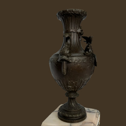 ^ Pair of 19th Century French Napoleon III Style Spelter & Marble Urns