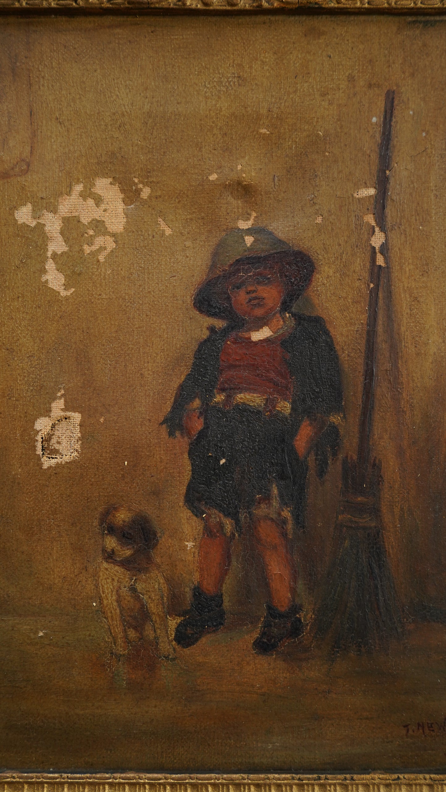 British School Oil Painting of Street Sweeper Boy with Dog, c. 1890–1915