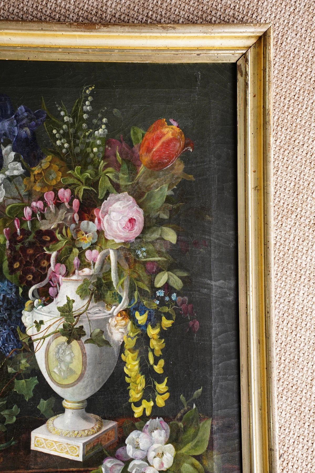 Antique Floral Still Life Oil Painting of Flowers in a Porcelain Urn