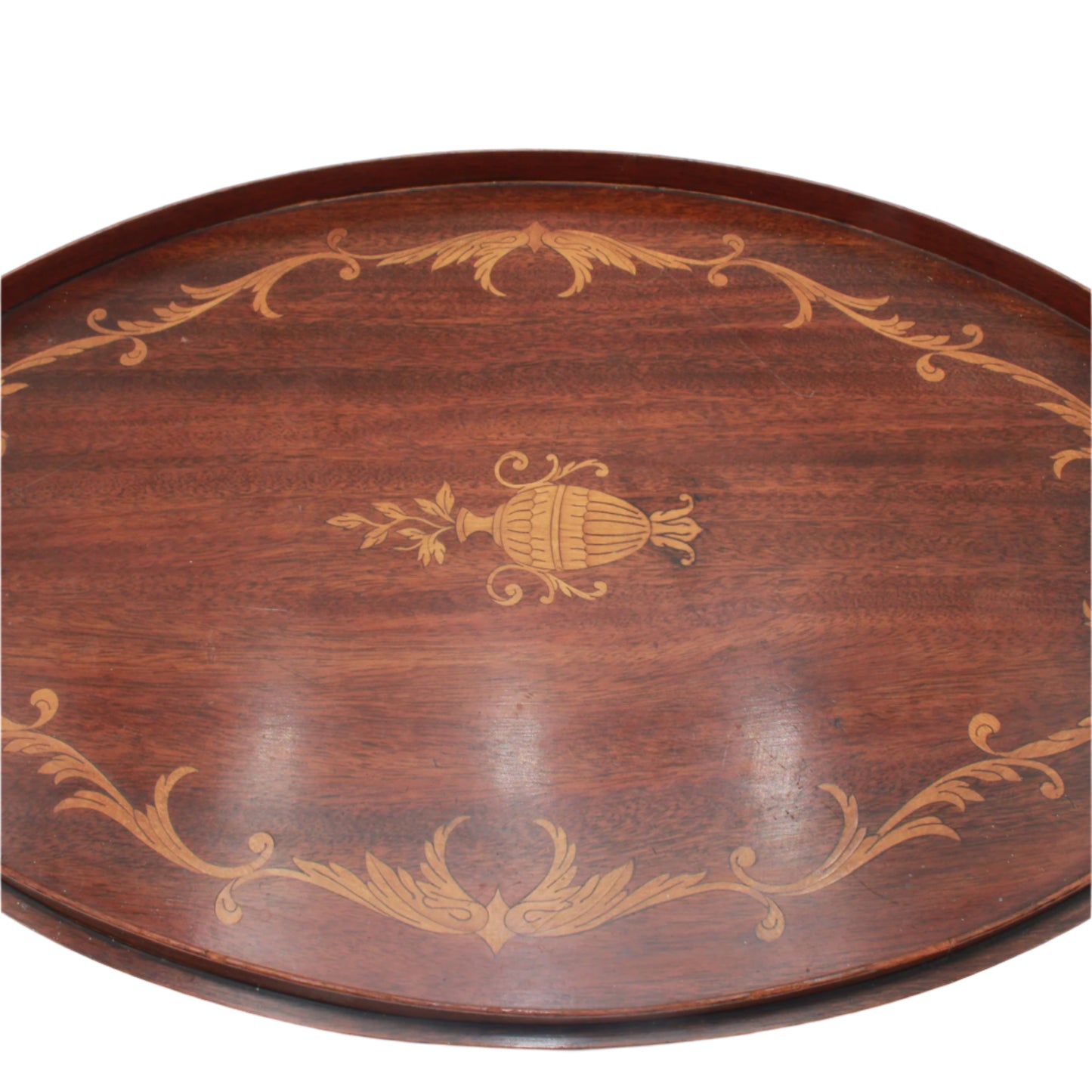 Edwardian Inlaid Mahogany Tray with Marquetry Urn Motif & Brass Handles, c.1900
