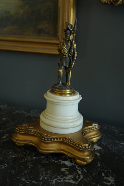 Small Antique French Soldier on White Marble Base, Late 19th Century